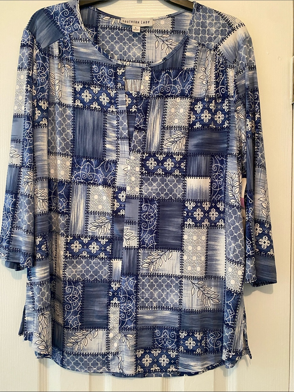 Southern Lady Blue Patchwork-Pattern Scoop Neck Tunic